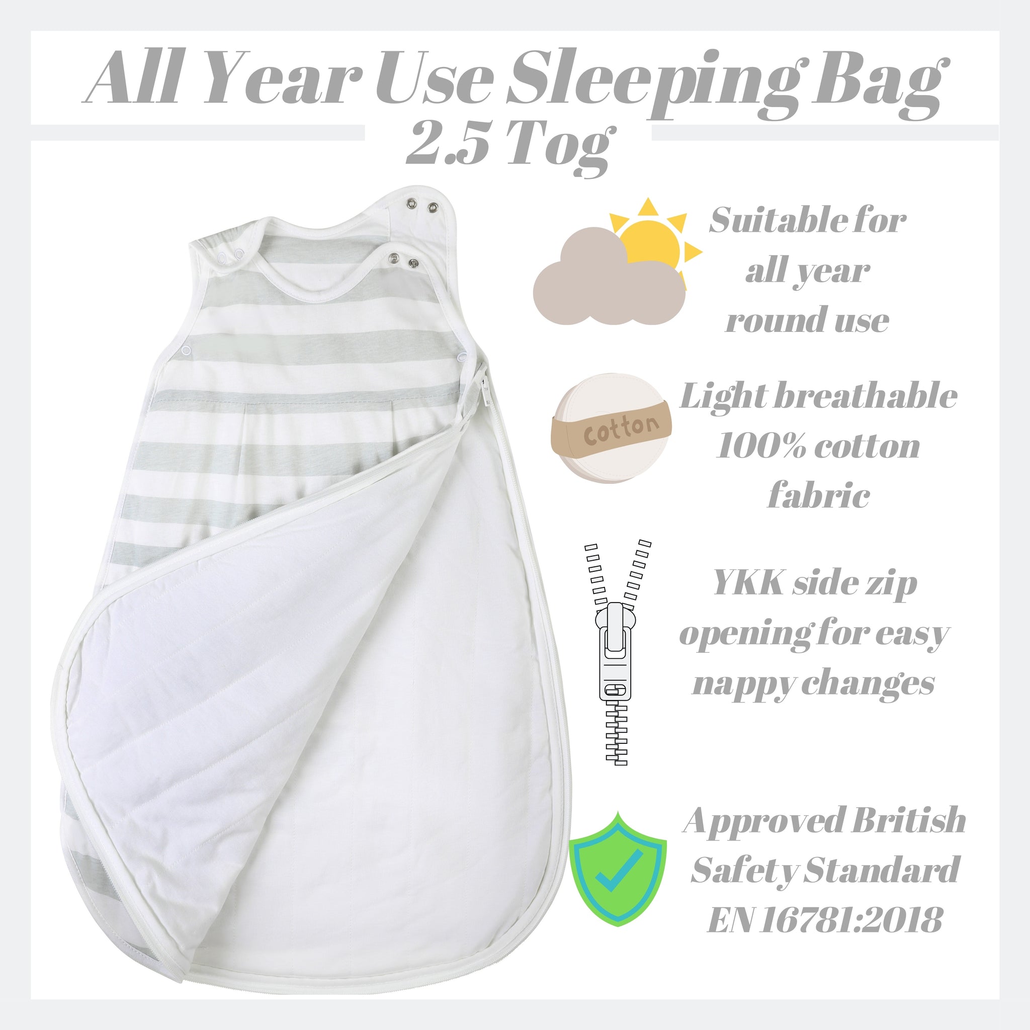 Snoozebag Baby Sleeping Bag Grey Stripe 2.5 Tog